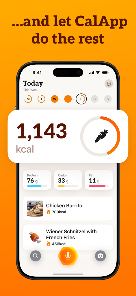CalApp: AI Calorie Tracker - iPhone画面上のCalApp AIカロリートラッカーのインターフェース。毎日のカロリー摂取量とマクロ栄養素の内訳を表示
