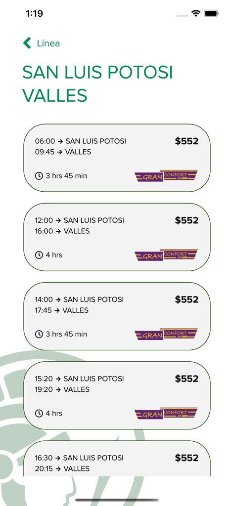 Grupo Vencedor - Mobile app interface showing bus travel schedules from San Luis Potosi to Valles with departure times and ticket prices.