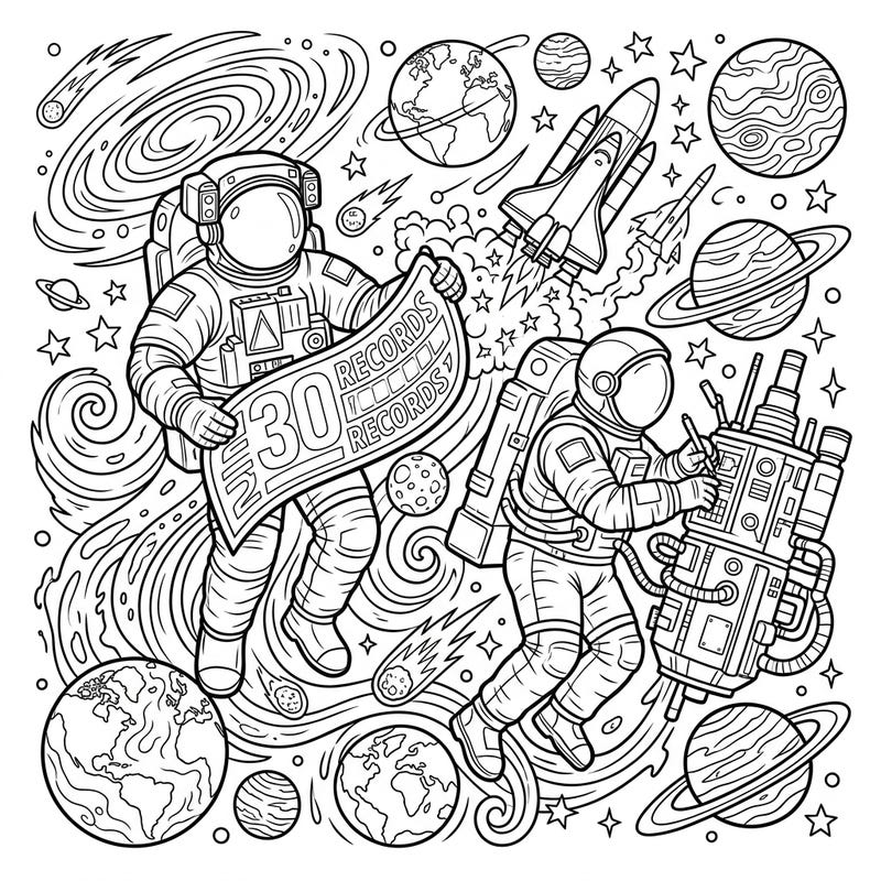 Celebrate the incredible feats of record-breaking astronauts as they explore the vastness of space. This detailed coloring page invites you to bring their cosmic achievements to life with your favorite colors.