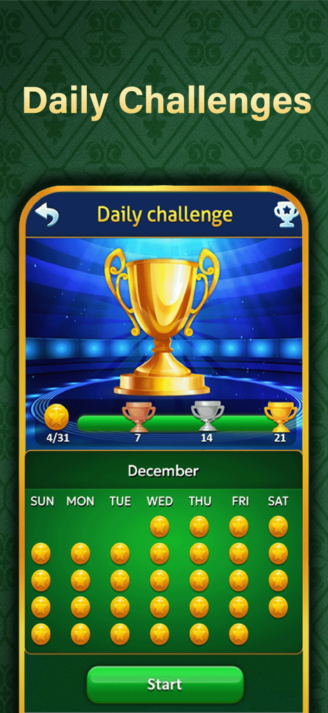 Solitaire Relax®Classic Spider - Daily challenges screen in Solitaire Relax Spider showing a trophy progress bar and a monthly calendar with star completion icons.