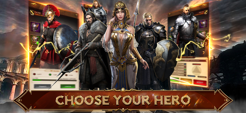 Rising: War for Dominion - Diverse legendary heroes selection screen in Rising War for Dominion