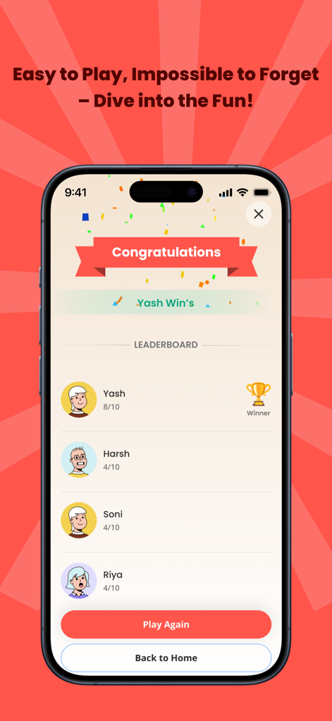 Leaderboard screen of Kozyclan app showing player scores and the winner with a trophy.