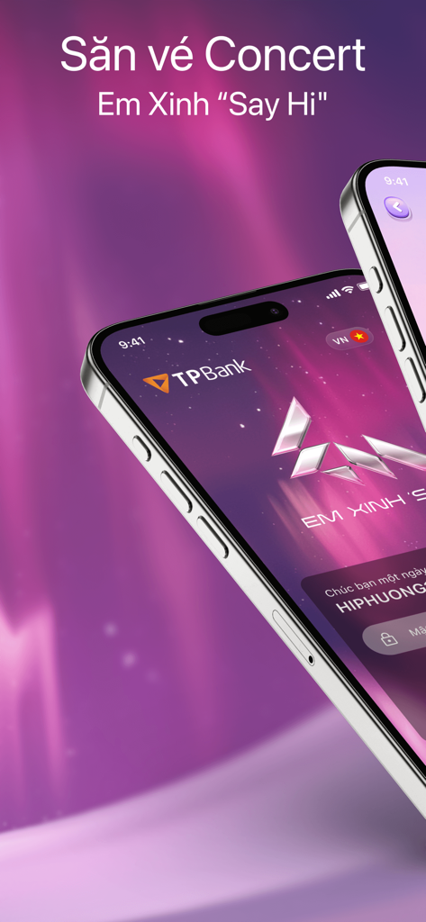 TPBank Mobile - TPBank Mobile app interface featuring a concert ticket promotion for Em Xinh Say Hi on a vibrant purple background