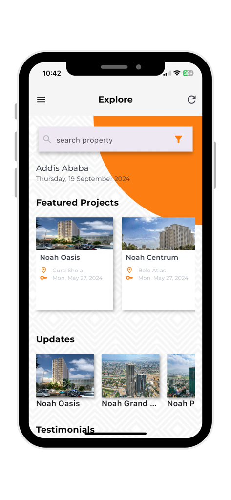 Noah Real Estate PLC - Explore screen of the Noah Real Estate app featuring property projects in Addis Ababa