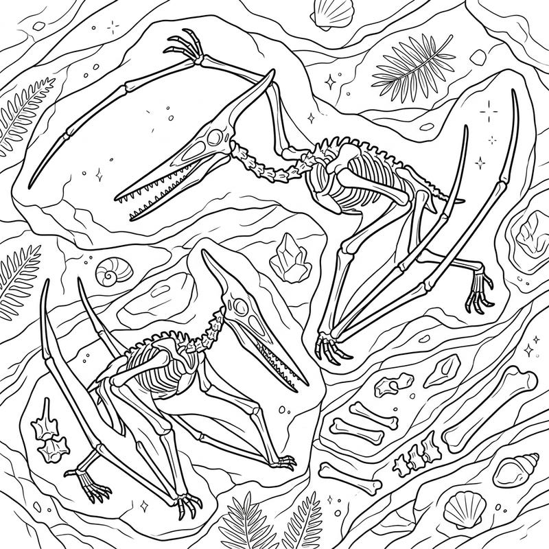 Dive into the prehistoric world with this fascinating coloring page featuring two magnificent pterodactyl skeletons. Explore ancient fossils and bring this detailed scene of flying reptiles to life with your favorite colors.