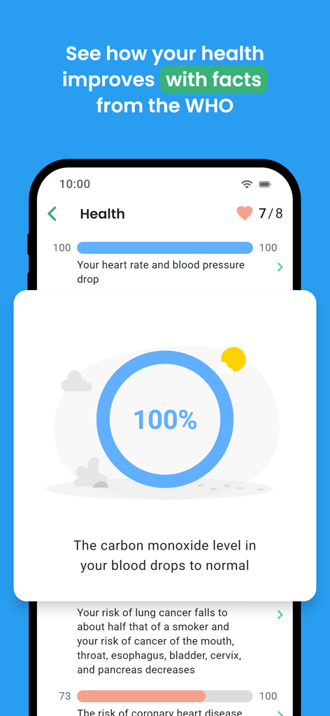QuitNow app health dashboard showing health improvements based on WHO facts