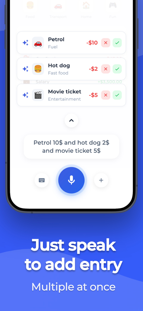 Expense Tracker: Budget AI - AI budget app interface showing multiple expenses logged via voice command