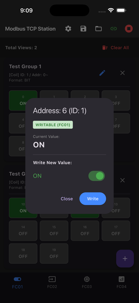 Modbus TCP Station - Interface of Modbus TCP Station app showing a pop-up dialog to write a new value to a coil at address 6