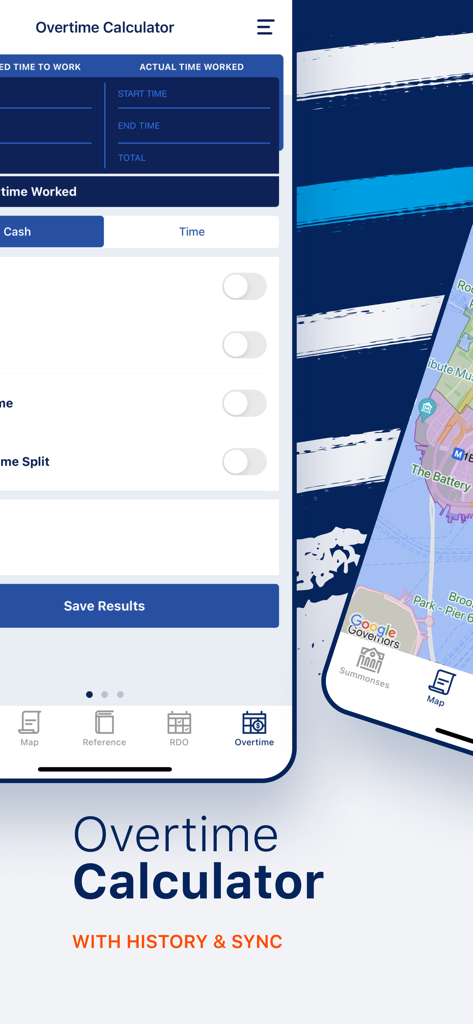 Summons Partner plus app interface showing the overtime calculator and NYC precinct map.