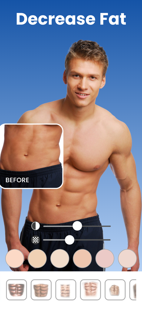 Body Editor app interface showing muscle definition and fat reduction editing tools for a male torso.