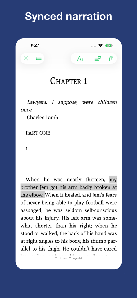 To Kill a Mockingbird - notes - Mobile app screen showing the first chapter of To Kill a Mockingbird with synced narration and highlighted text.