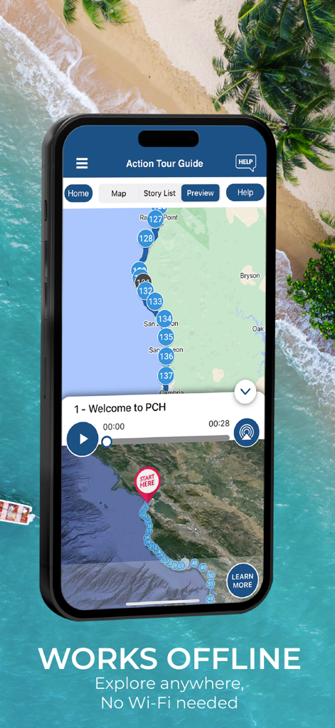 Action Tour Guide: Experiences - Écran de smartphone montrant l'application Action Tour Guide avec une carte GPS hors ligne et une visite audio pour la Pacific Coast Highway