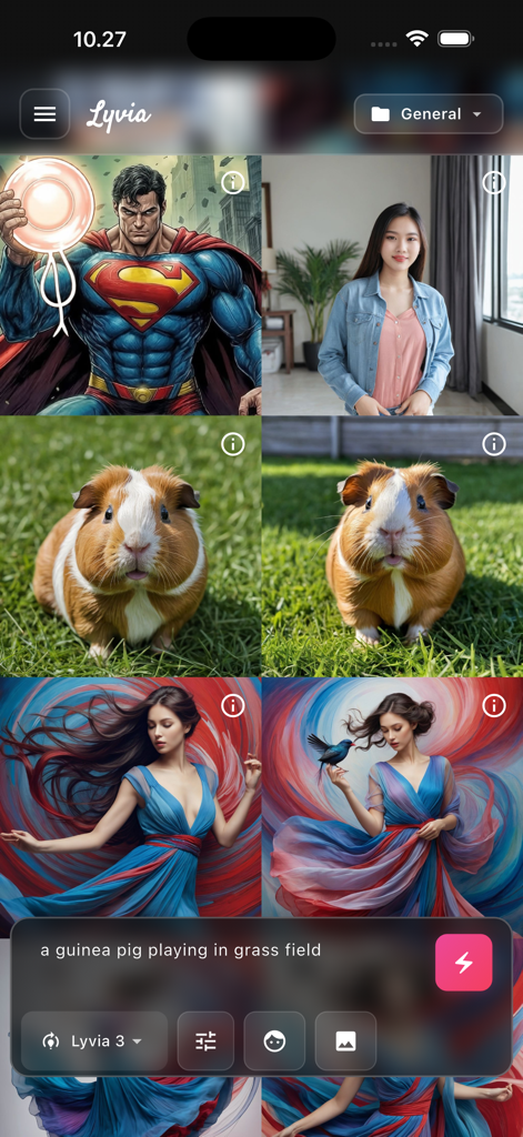 Lyvia - Lyvia app interface showing a grid of AI generated images including a superhero and a guinea pig with a text prompt bar.