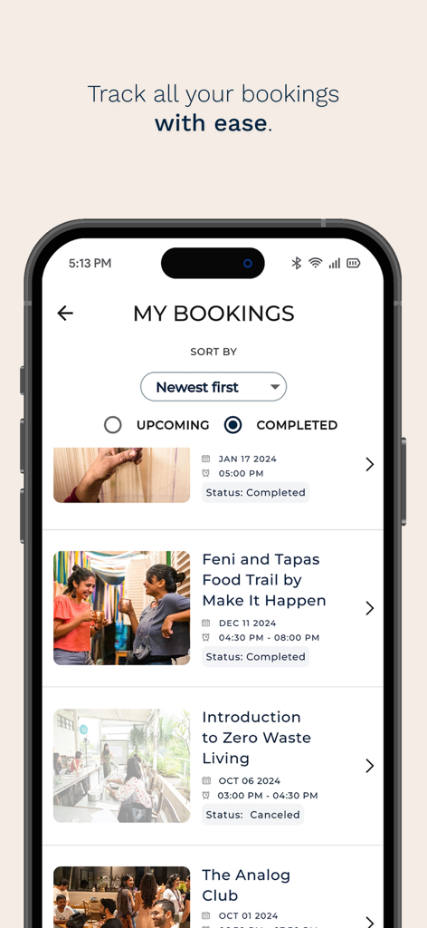 Urbanaut: Local Experiences - Urbanaut mobile app interface showing a list of booked local experiences like food trails and workshops with status updates