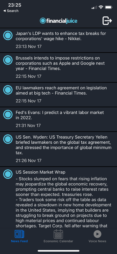 Financial Juice - La aplicación móvil Financial Juice mostrando un feed en tiempo real de titulares de noticias financieras y de mercado globales.