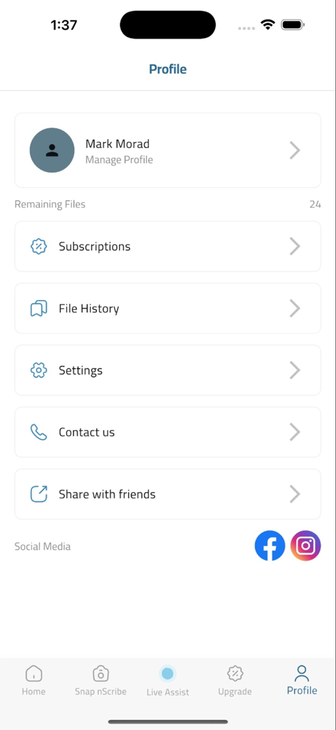 ScribeMe - The profile settings page of the ScribeMe accessibility app displaying user details and menu options like subscriptions and file history.