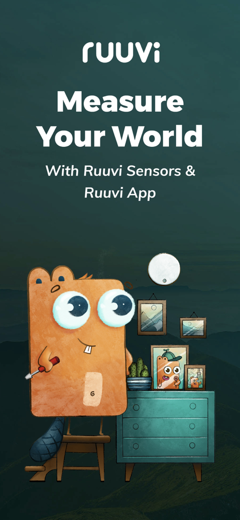 Ruuvi Station app welcome screen with a cartoon mascot and the slogan Measure Your World