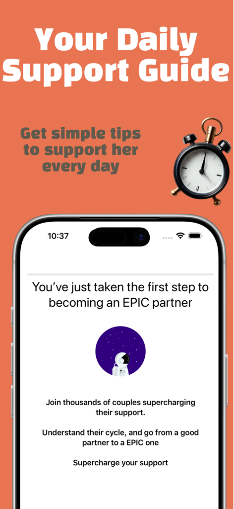 MoonM8 app interface showing daily support tips and the first step to becoming a more supportive partner.