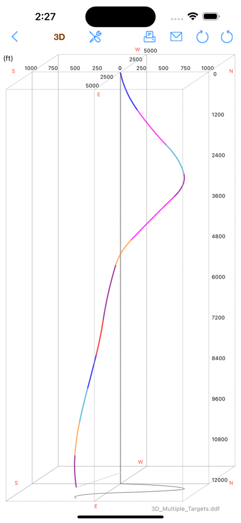 Directional Drilling - A 3D visualization of a directional wellbore trajectory with depth and coordinate axes on a mobile app interface.