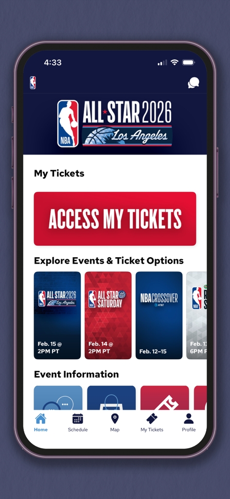 NBA Events - NBA Events app home screen for All Star 2026 Los Angeles showing ticket access and event schedule