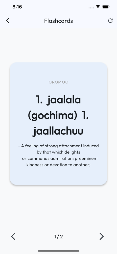 Oromo English Dictionary - Oromo English Dictionary app screenshot showing a flashcard for the Oromo word jaalala with its English definition