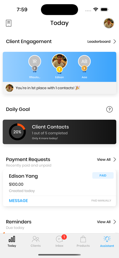 Clientbook Retail - Panel de control de Clientbook Retail que muestra la tabla de clasificación de ventas y los objetivos diarios