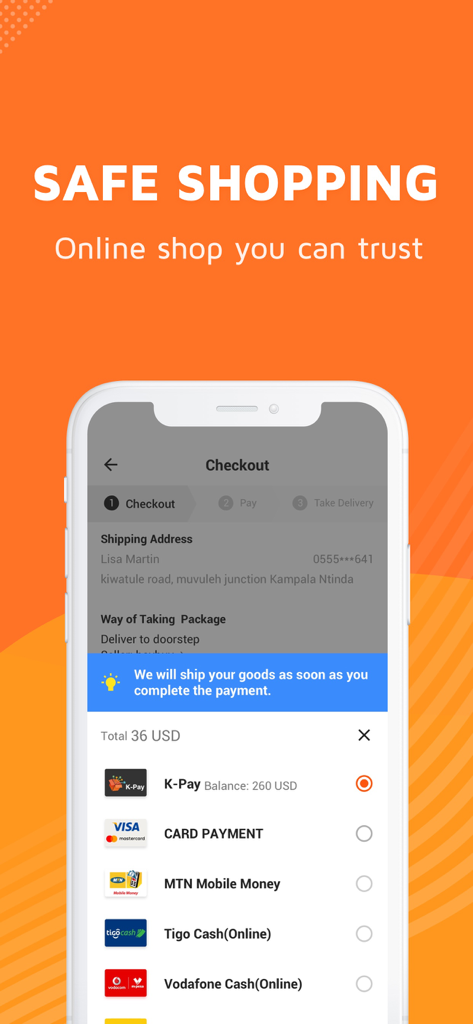 Schermata di pagamento dell'app mobile KiKUU che mostra metodi di pagamento sicuri, inclusi carte di credito e denaro mobile