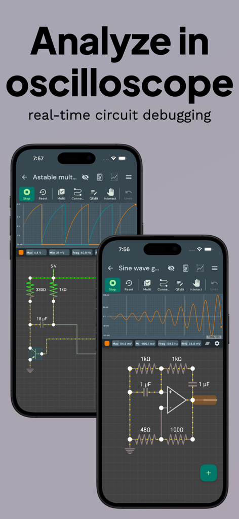 VoltSim - circuit simulator - Simulador de circuito VoltSim mostrando análise de osciloscópio em tempo real em dispositivos móveis