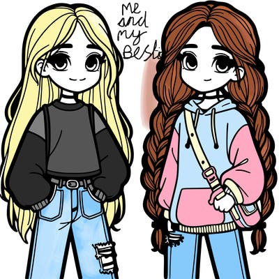 a girl with long hair with braids and with jeans in a baggie sweatshirt with a friend