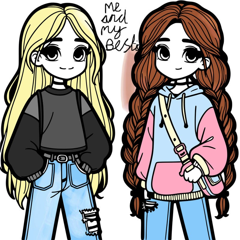 a girl with long hair with braids and with jeans in a baggie sweatshirt with a friend