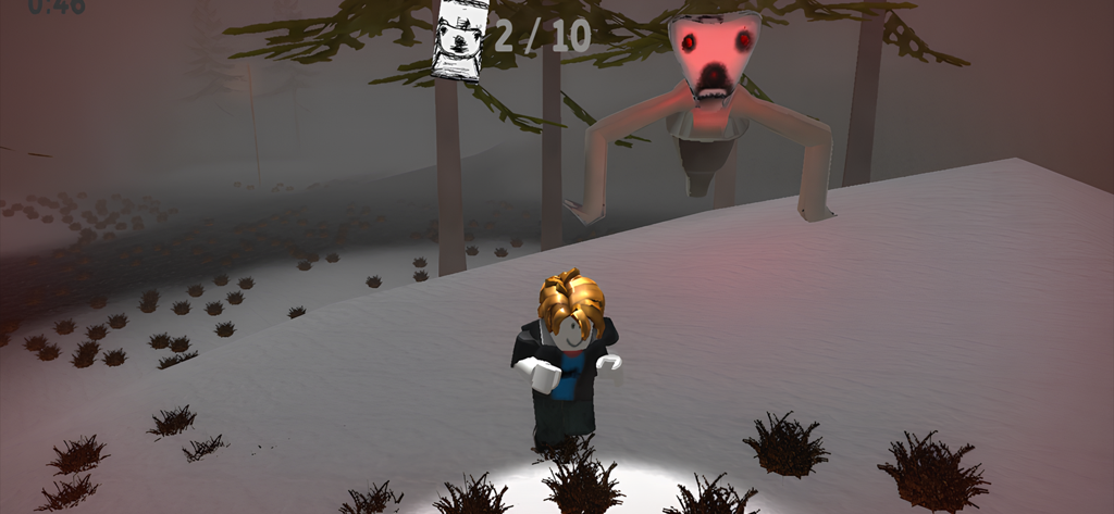 99 nights in the Scary forest - Un personaje huyendo de una aterradora criatura mutante de ojos rojos brillantes en un bosque oscuro