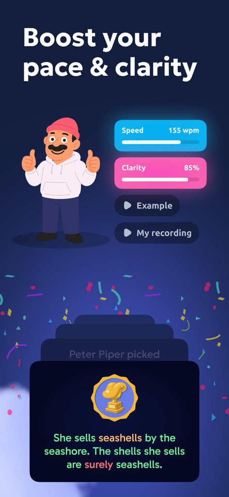Vocal Image app interface displaying speech speed and clarity metrics after a tongue twister exercise