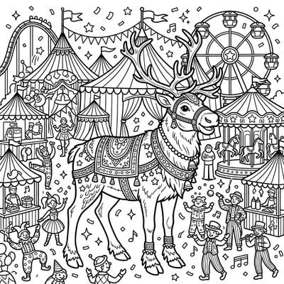 Discover a one-of-a-kind coloring experience with this festive Tundra Reindeer amidst a vibrant carnival. This intricate design invites you to bring a bustling world of circus tents, rides, and joyful characters to life.
