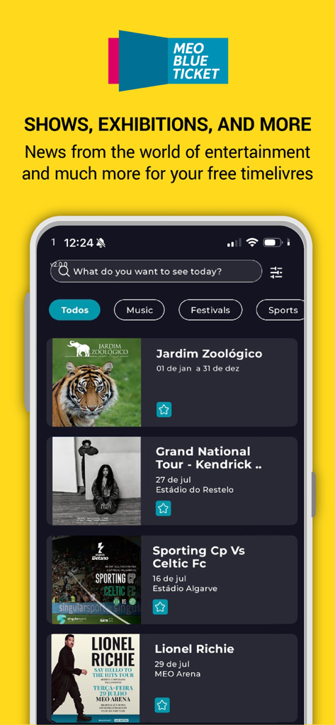 MEO BLUETICKET - MEO BLUETICKET app home screen showing event categories and upcoming shows