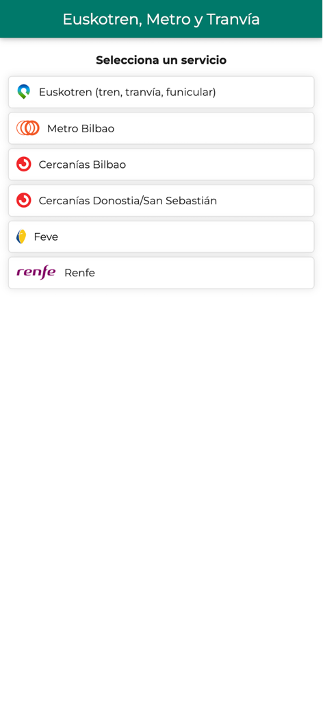 Euskal Tren, Metro y Tranvía - Pantalla principal de la aplicación Euskal Tren que muestra una lista de operadores de transporte como Euskotren y Metro Bilbao
