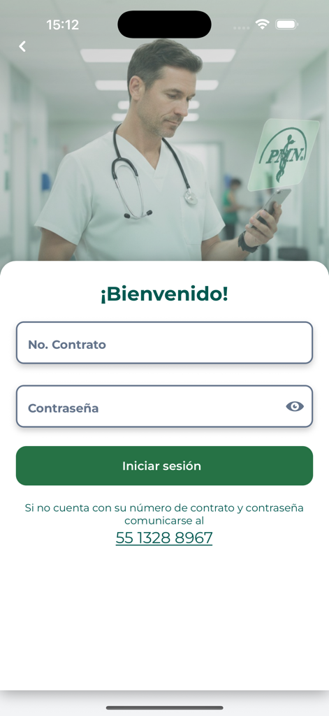 Login screen for the PROMENAL medical legal protection app with fields for contract number and password.