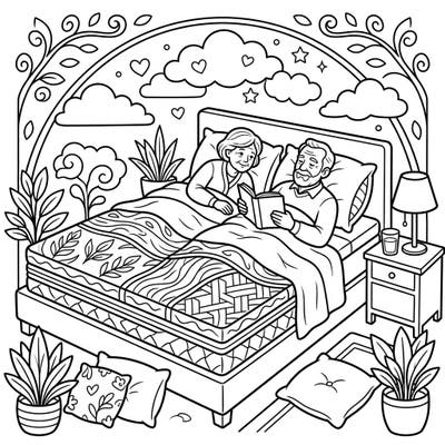 Curl up with this charming coloring page featuring an elderly couple enjoying a book in their cozy bed, complete with wonderfully patterned mattress toppers. Designed with clear lines and comforting details, it offers a relaxing and accessible coloring experience perfect for seniors.