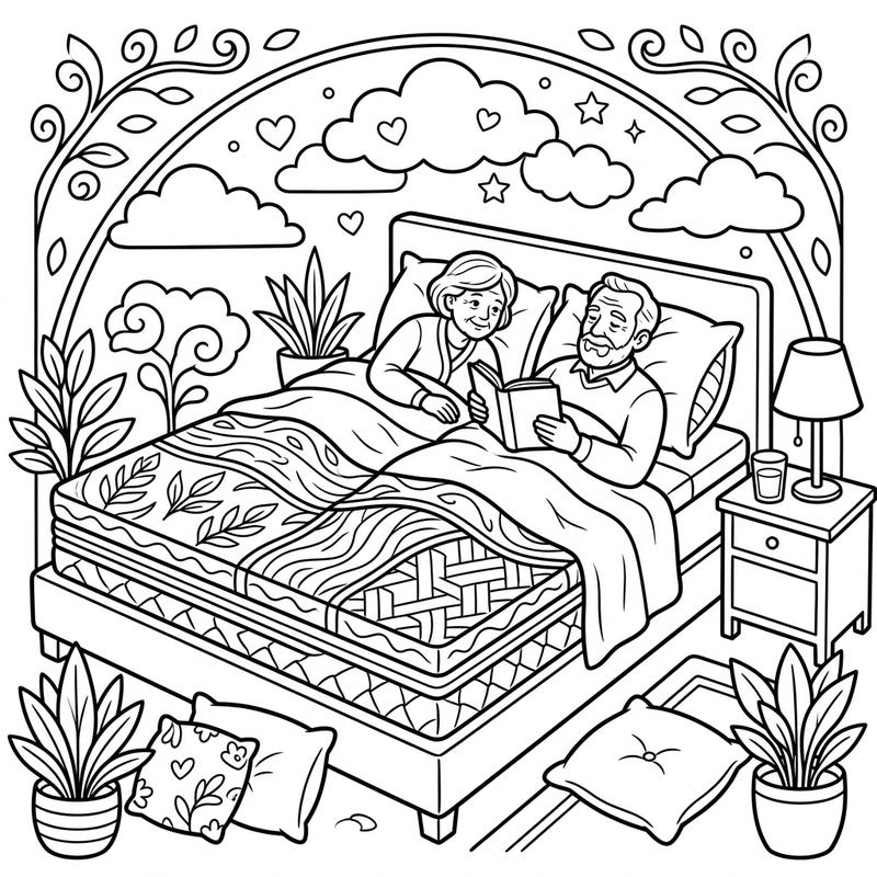 Curl up with this charming coloring page featuring an elderly couple enjoying a book in their cozy bed, complete with wonderfully patterned mattress toppers. Designed with clear lines and comforting details, it offers a relaxing and accessible coloring experience perfect for seniors.