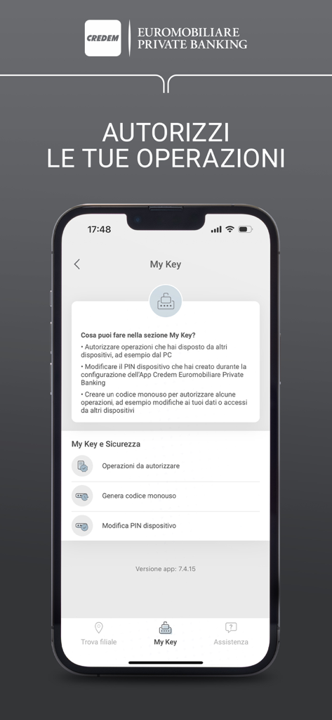 Credem Euromobiliare PB - Interfaccia dell'app Credem Euromobiliare Private Banking che mostra la schermata di autorizzazione di sicurezza My Key