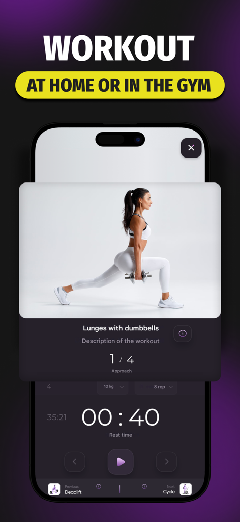 Lose Weight in 30 Days-Fitness - 휴식 시간과 운동 지침을 보여주는 모바일 피트니스 앱 운동 화면에서 덤벨 런지를 하는 여성.