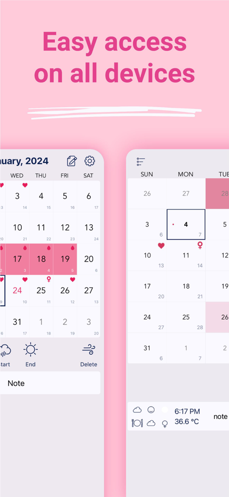Period tracker app interface showing calendar sync across multiple devices