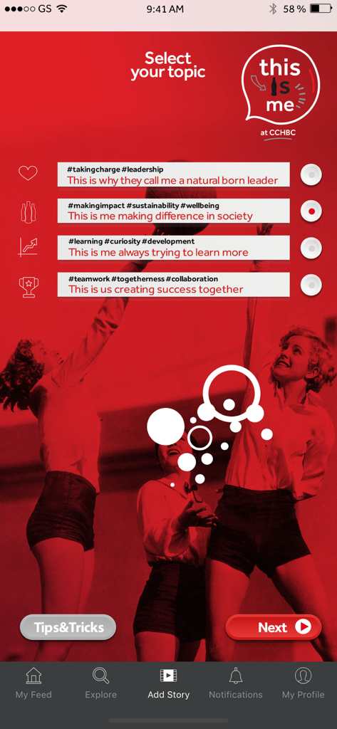 CCHBC This is Me - Topic selection screen for sharing stories on the CCHBC This is Me employee app