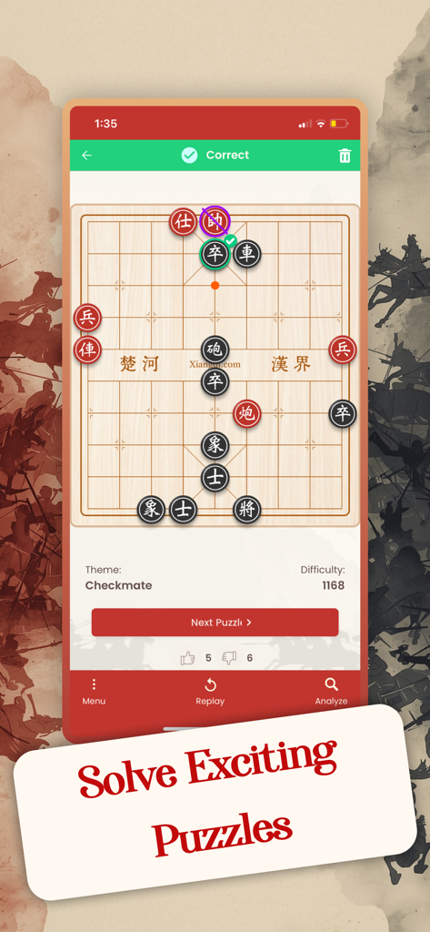 Xiangqi Chinese Chess Online - Una pantalla móvil que muestra un acertijo de jaque mate resuelto en la aplicación Xiangqi Ajedrez Chino Online.