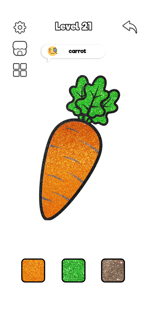 ASMR Coloring Book: Paint Game - A glittery orange and green carrot drawing in the ASMR Coloring Book mobile app interface