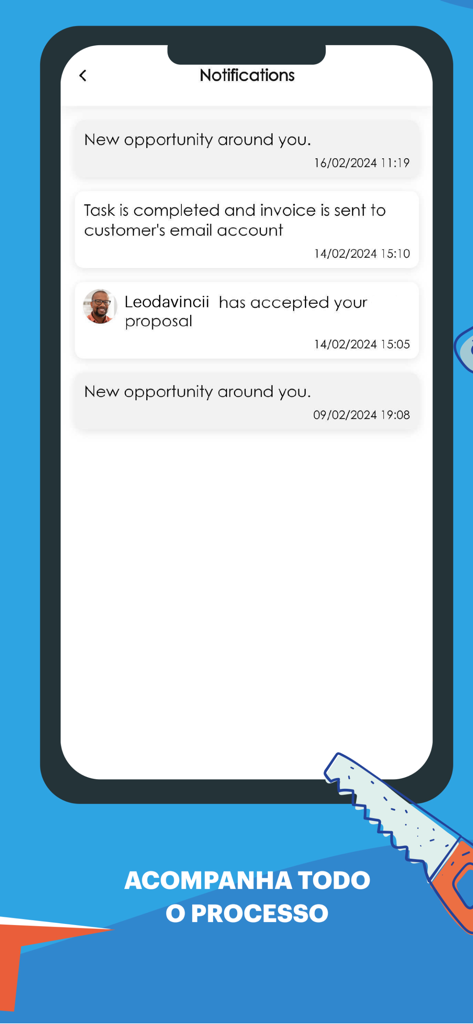 Work - Work app notifications screen showing job opportunities, task completions, and proposal status updates.