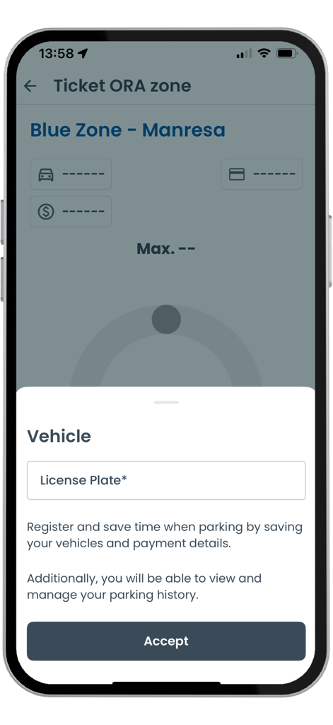 Aparca Manresa - Aparca Manresa app interface showing a license plate registration form for a parking ticket in the blue zone.