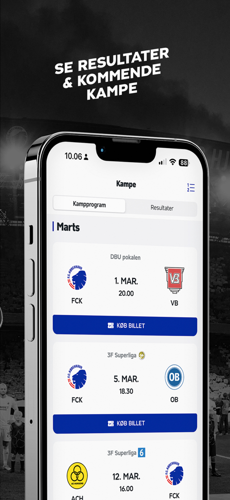 F.C. Copenhagen app displaying upcoming soccer match schedules with buy ticket buttons