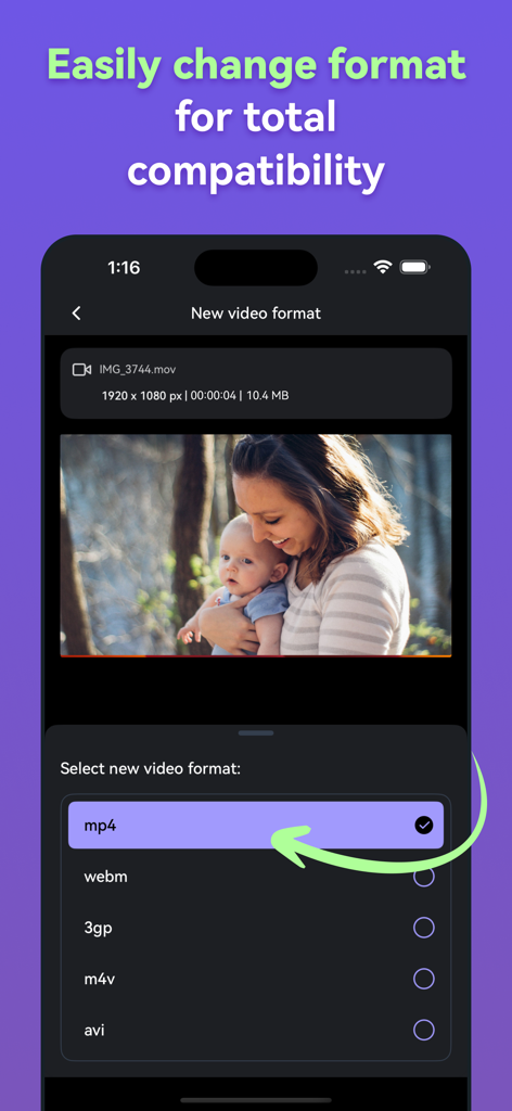 Panda Video Compressor app screen showing options to change video formats such as mp4 and webm