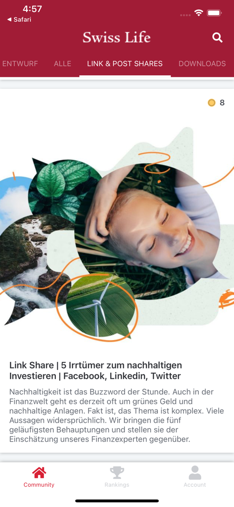 Brandvocate app interface showing a corporate social media post about sustainable investing for employees to share