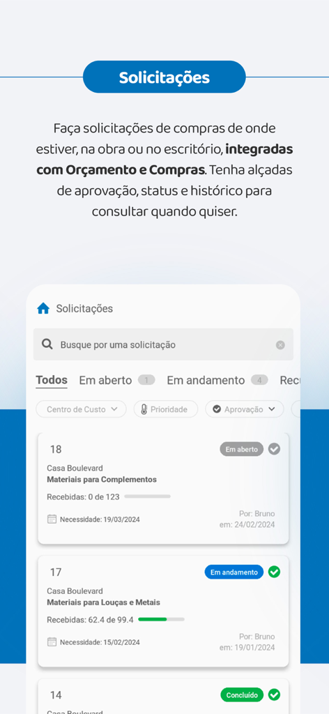 A mobile interface of the Mais Controle App showing a list of construction purchase requests with status tracking and project details.